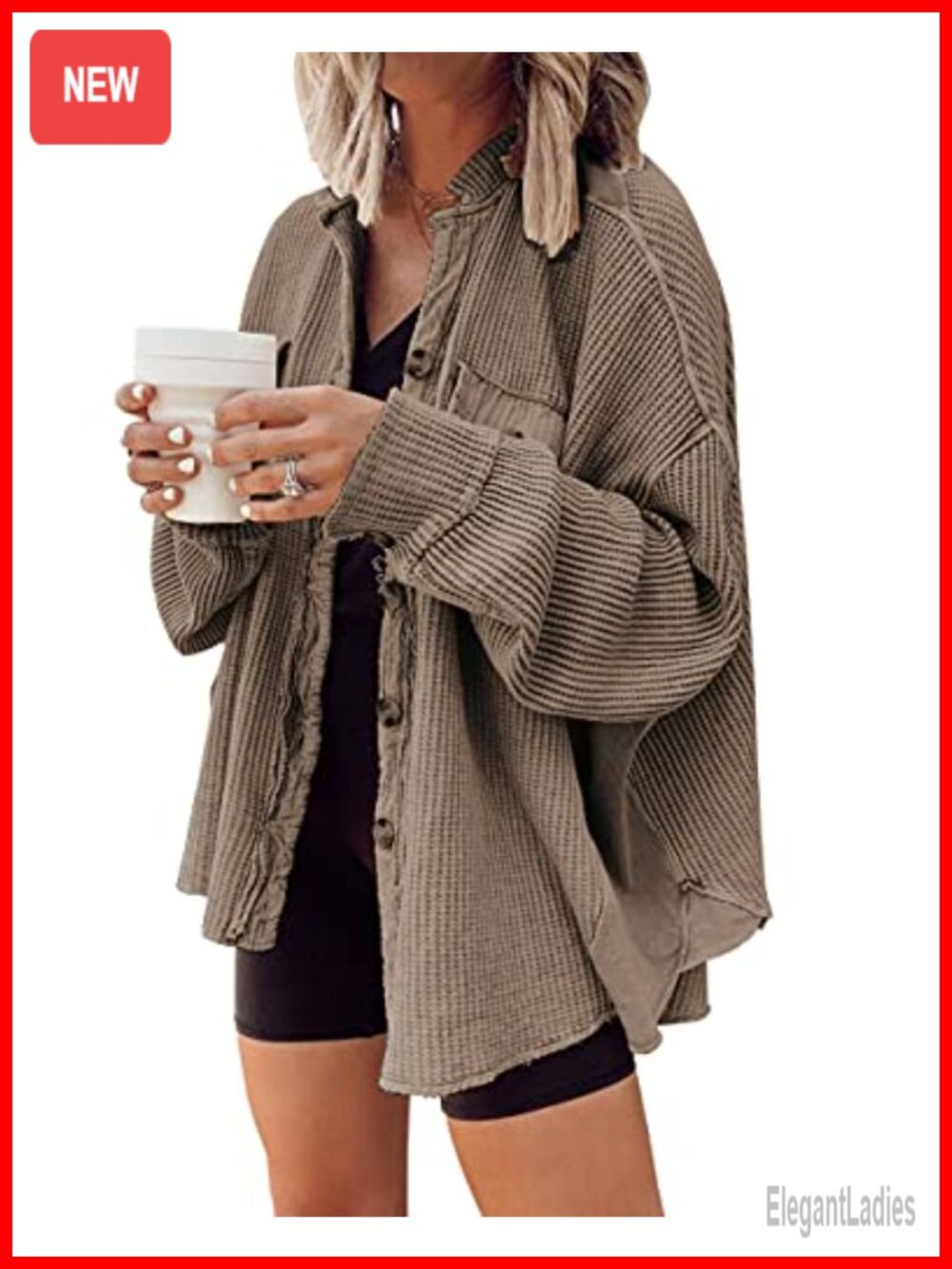 Waffle Knit Batwing Sleeve Button Down Shacket Oversized Shirt